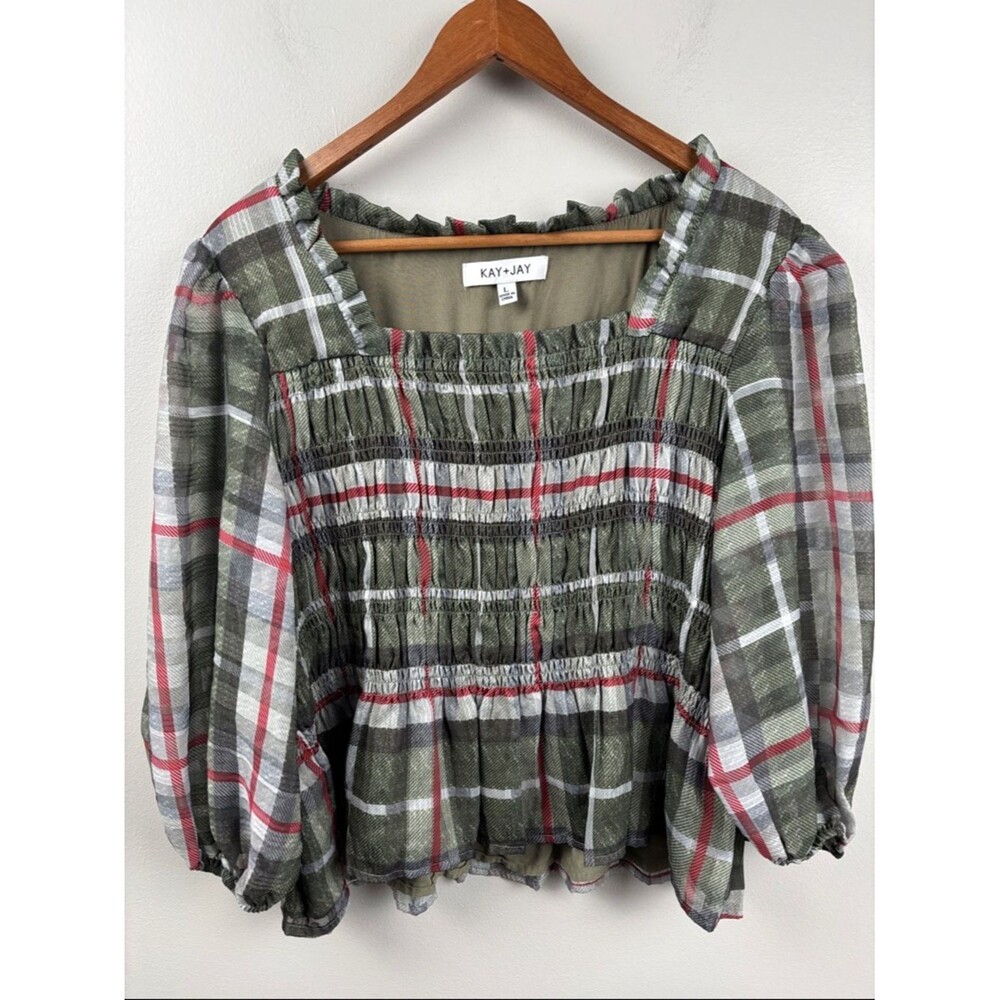 Kay+Jay Olive Plaid Smocked Square-Neck Blouse cropped short stretch Large